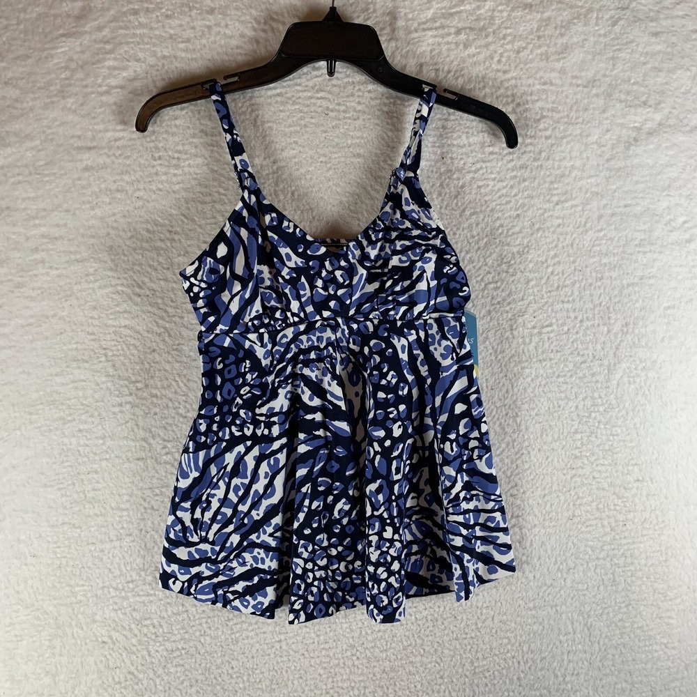 Swim Solutions Underwire Tankini Swim Top Women's 8 Navy Multciolor Animal Print